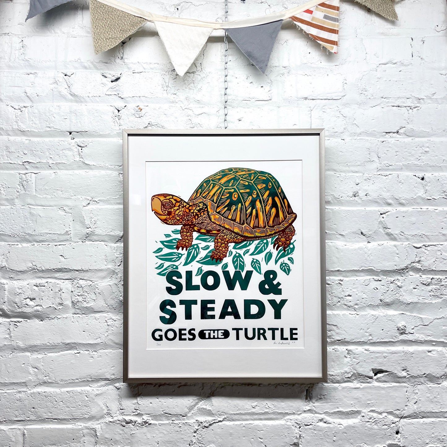 Slow & Steady Goes the Turtle FRAMED - woodblock and letterpress print (16x20")