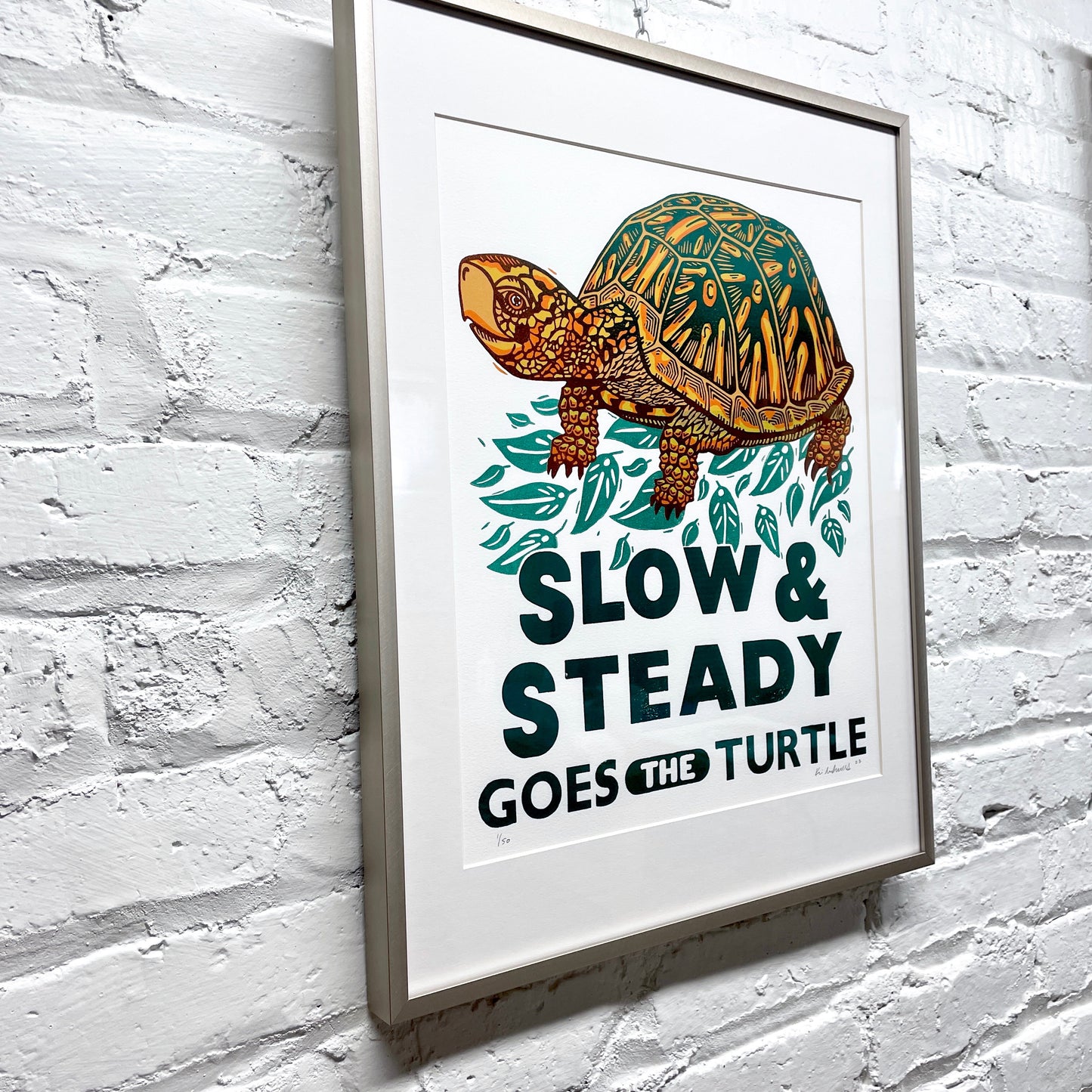 Slow & Steady Goes the Turtle FRAMED - woodblock and letterpress print (16x20")