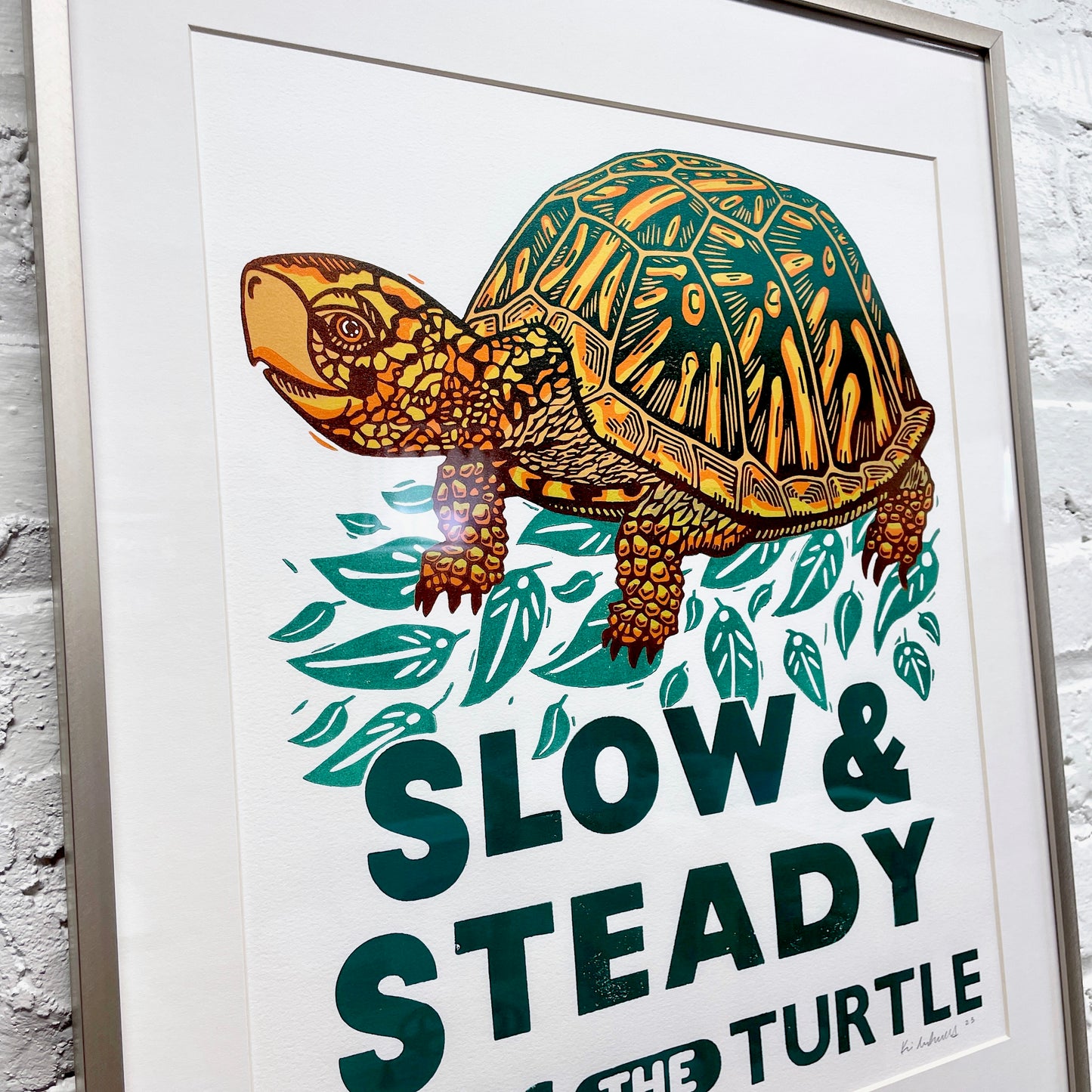 Slow & Steady Goes the Turtle FRAMED - woodblock and letterpress print (16x20")