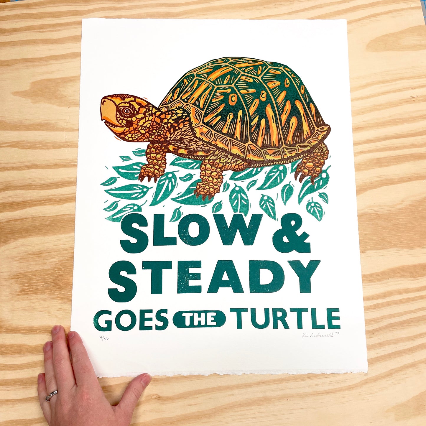 Slow & Steady Goes the Turtle - woodblock and letterpress print (14x18")