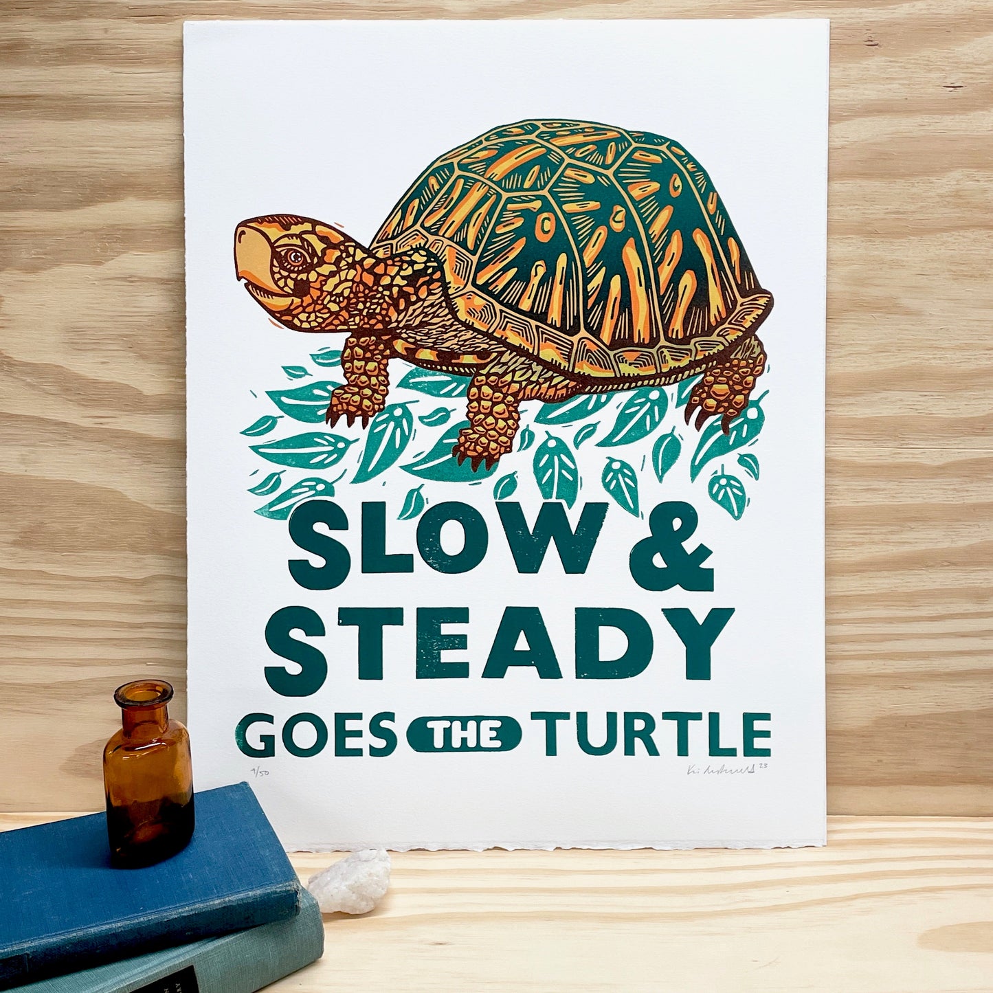 Slow & Steady Goes the Turtle FRAMED - woodblock and letterpress print (16x20")