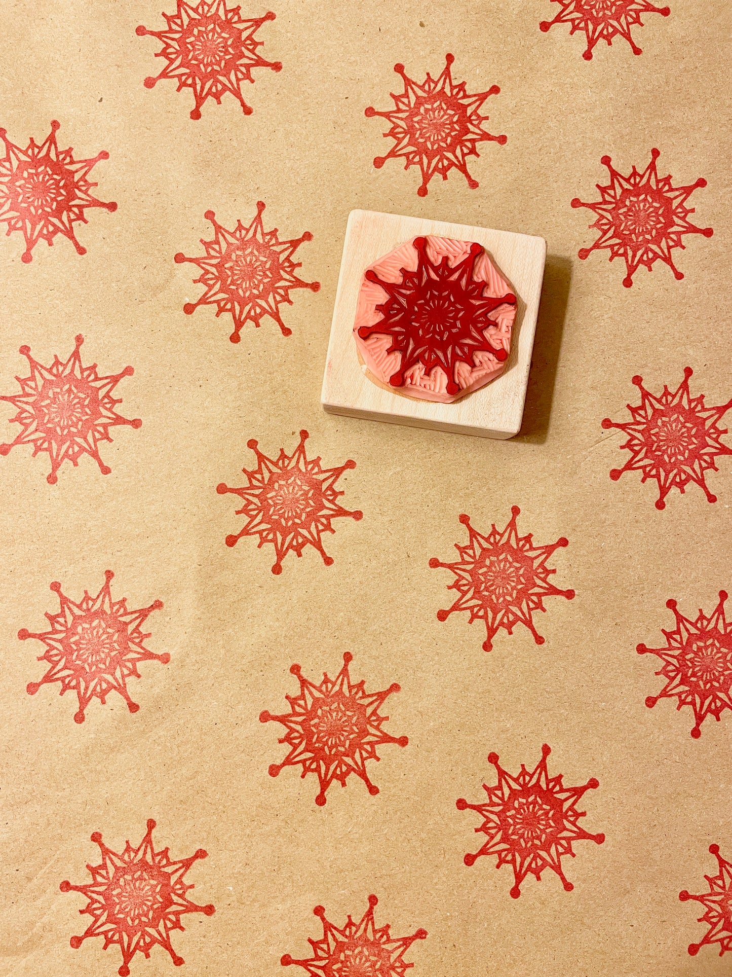 Snowflake Stamp - Handcarved Rubber Stamp - Wood Mounted 2x2"