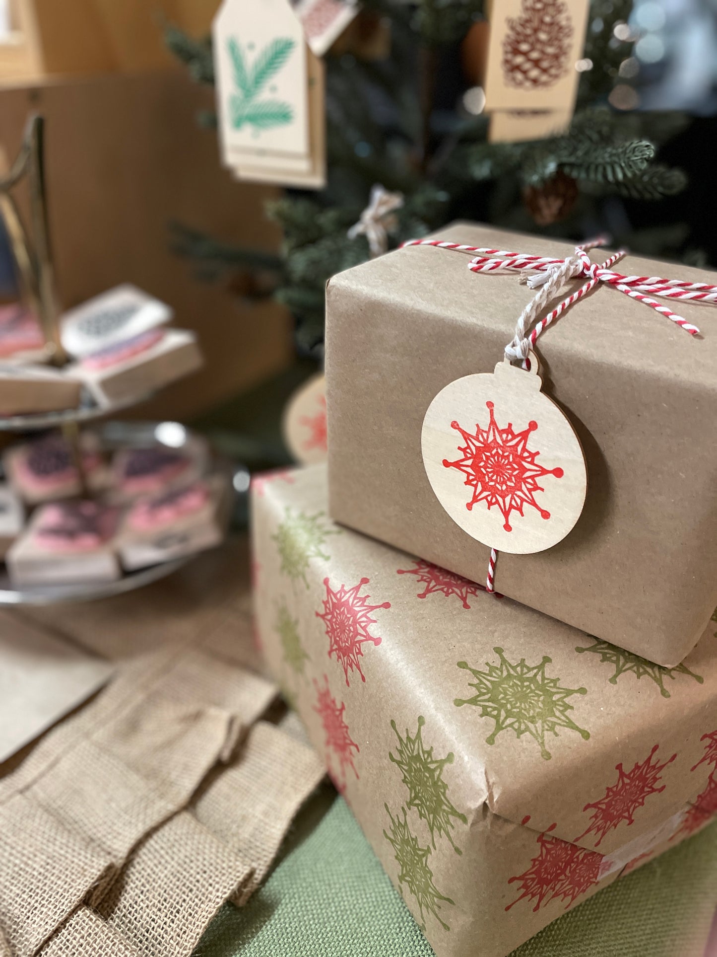 Snowflake Stamp - Handcarved Rubber Stamp - Wood Mounted 2x2"