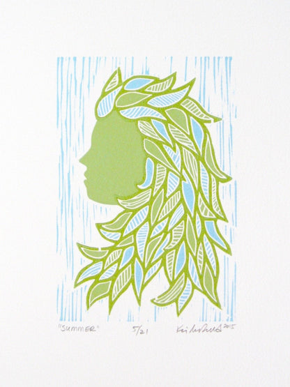 Summer woman - reduction woodblock print (9x12”)