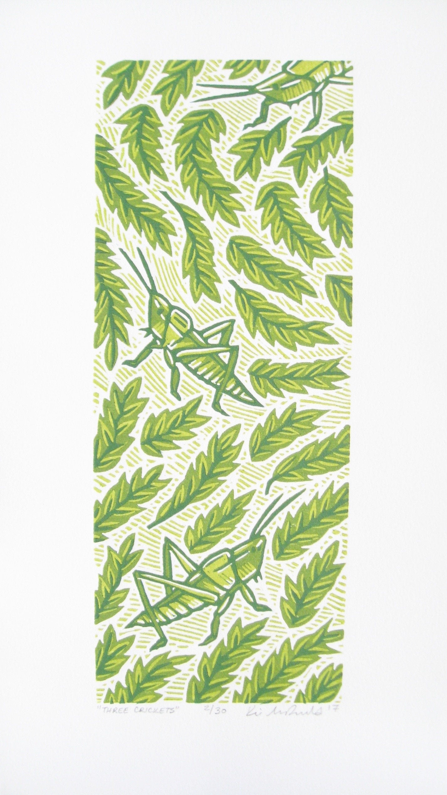 Three Crickets - reduction woodblock print- Artist Proof (6.5x12”)