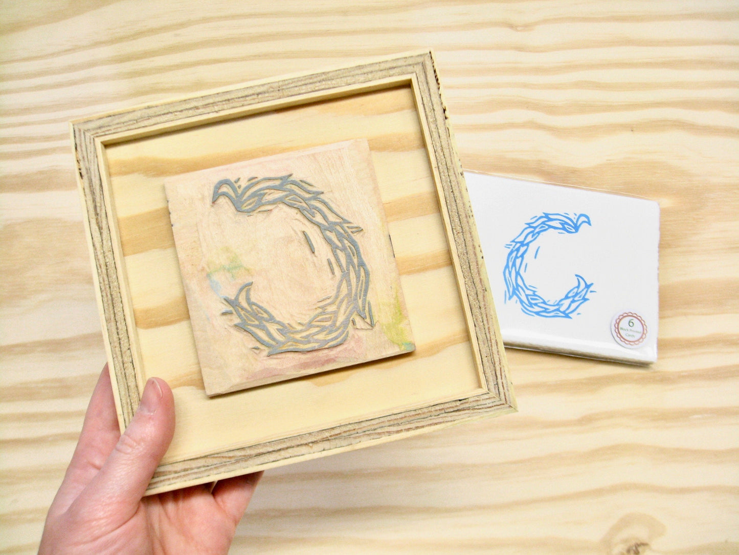 Letter C - hand carved original printers block with 6-pack monogram greeting cards- collector's item