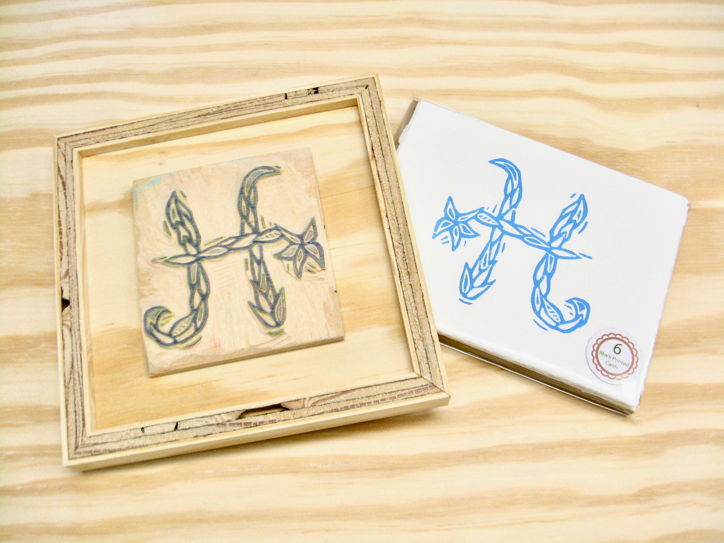 Letter H - hand carved original printers block with 6-pack monogram greeting cards - collector's item