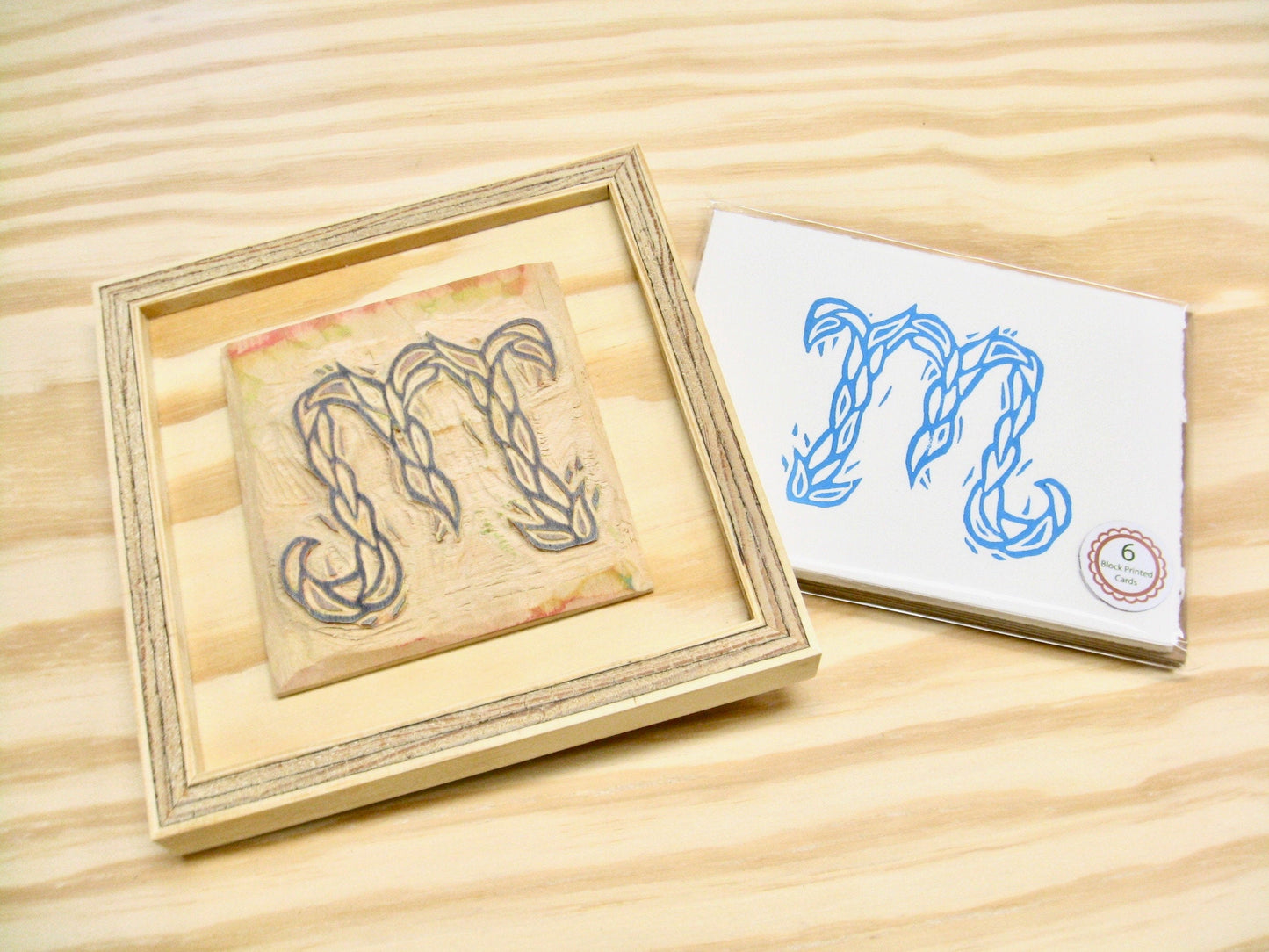 Letter M - hand carved original printers block with 6-pack monogram greeting cards - collector's item