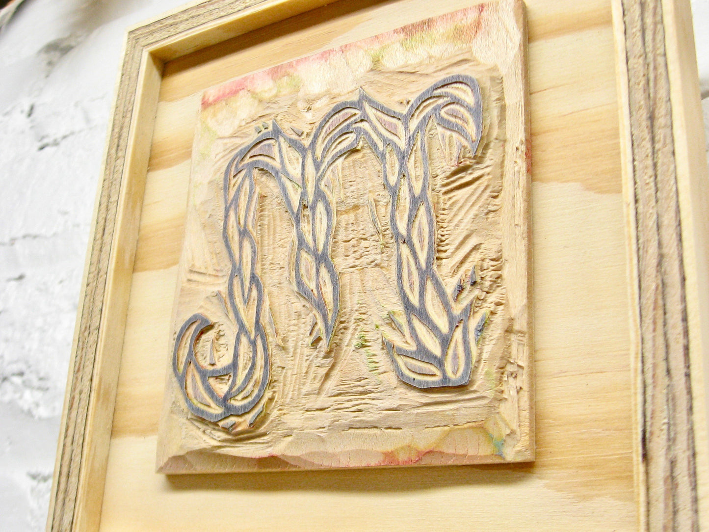 Letter M - hand carved original printers block with 6-pack monogram greeting cards - collector's item