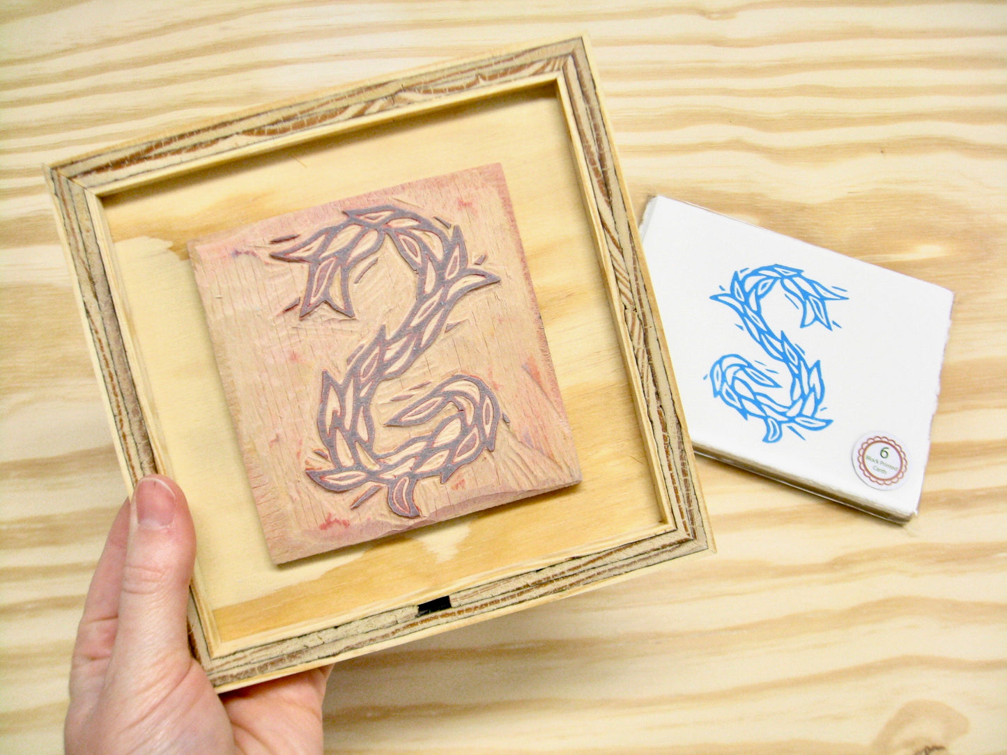 Letter S - hand carved original printers block with 6-pack monogram greeting cards - collector's item