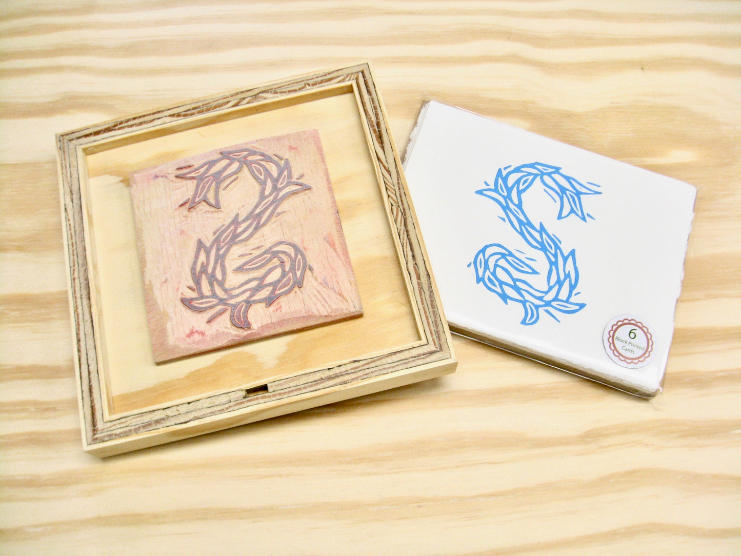 Letter S - hand carved original printers block with 6-pack monogram greeting cards - collector's item