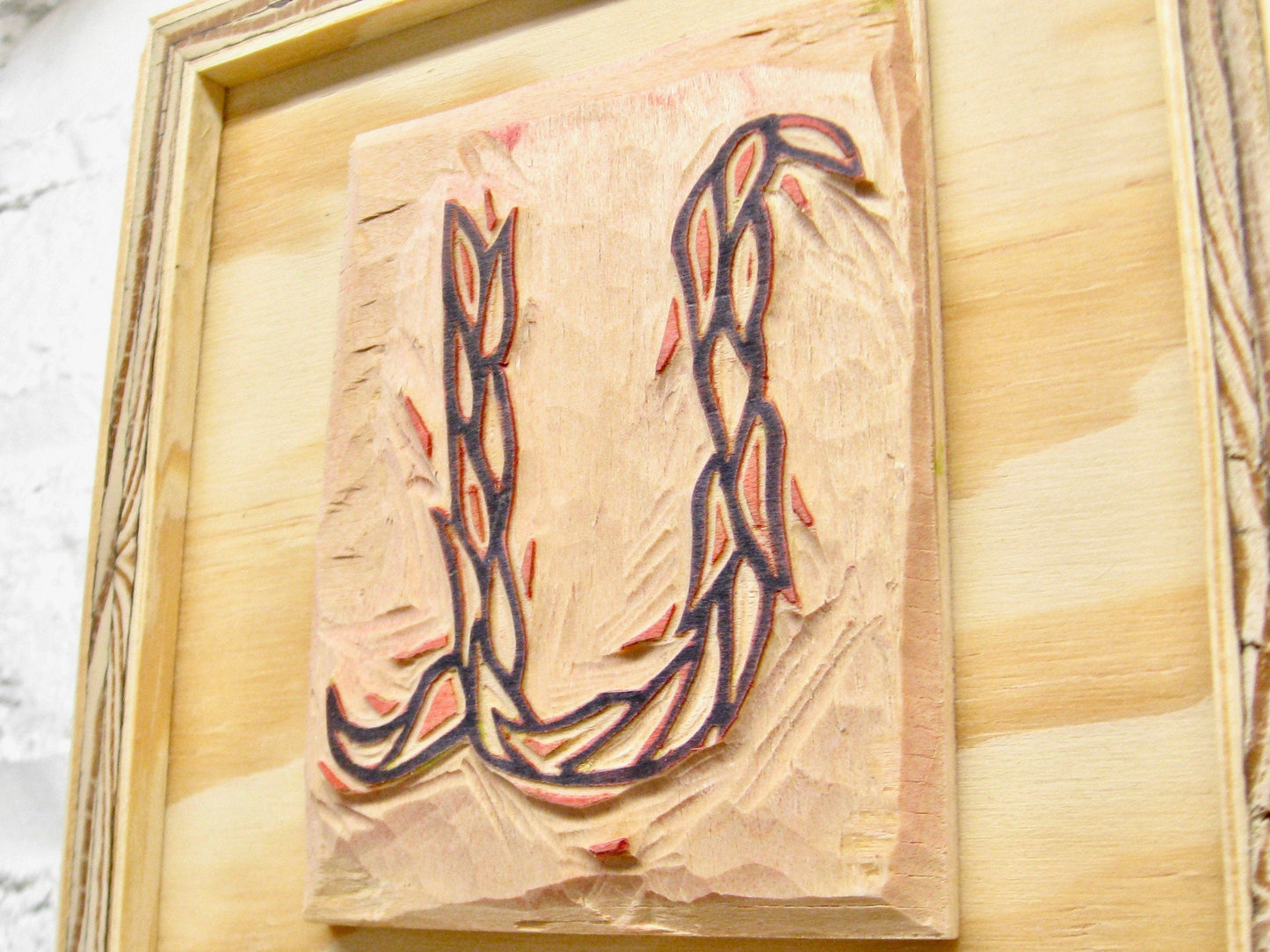 Letter U - hand carved original printers block with 6-pack monogram greeting cards - collector's item