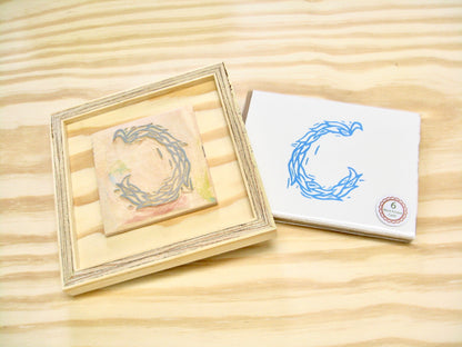 Letter C - hand carved original printers block with 6-pack monogram greeting cards- collector's item