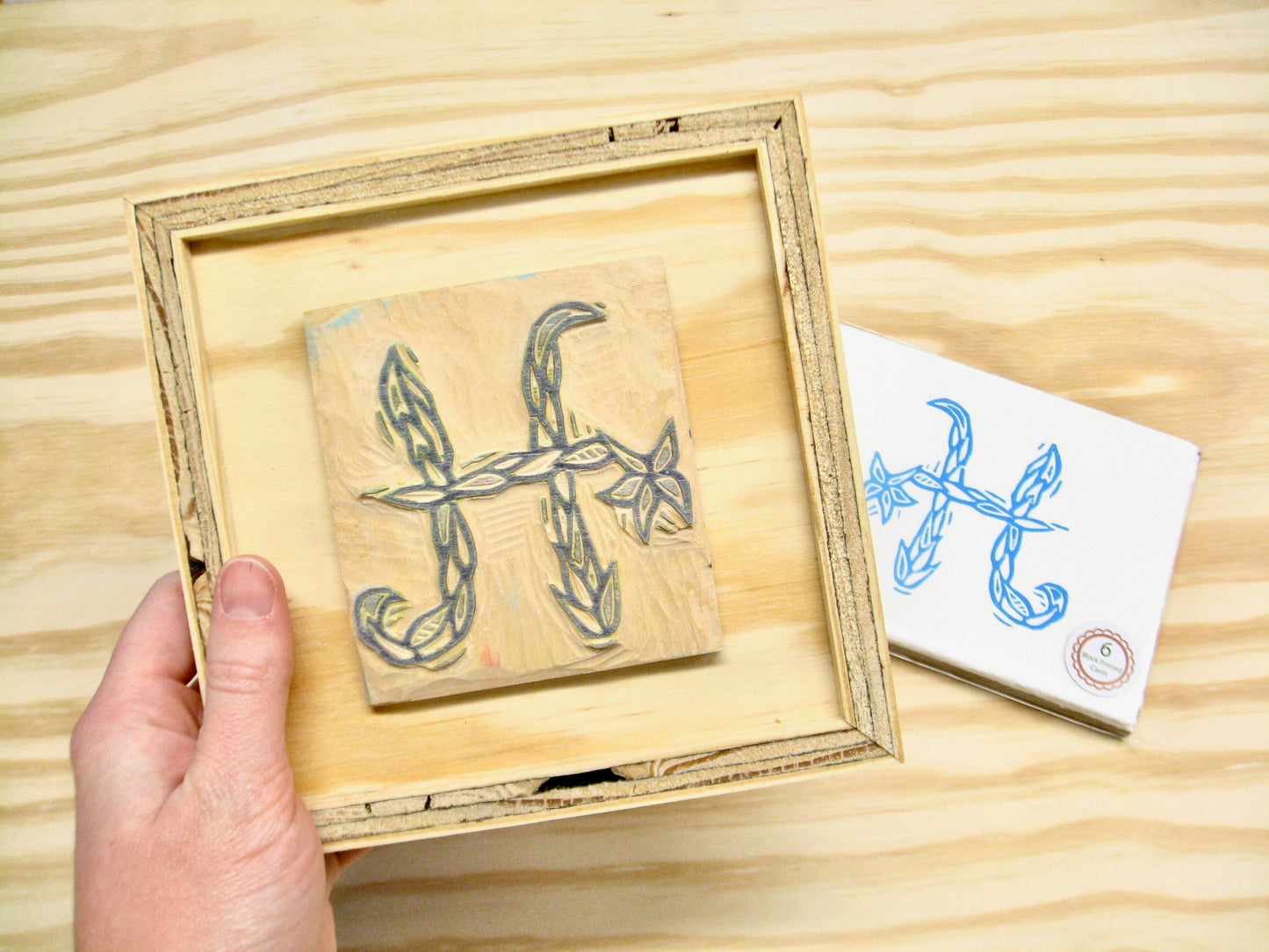 Letter H - hand carved original printers block with 6-pack monogram greeting cards - collector's item