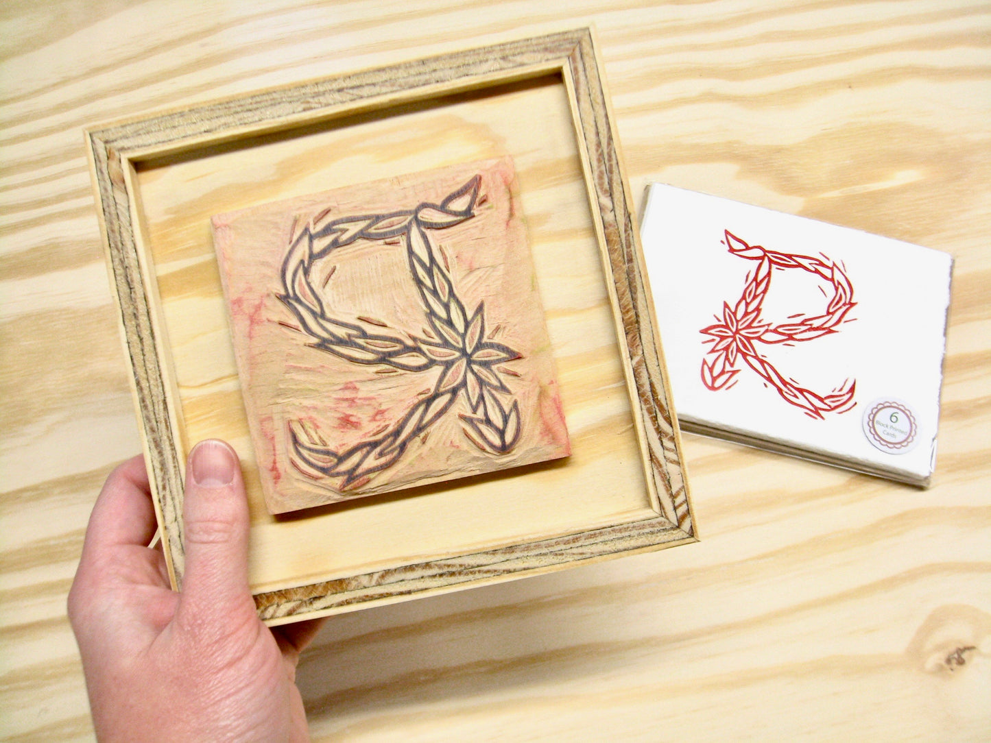 Letter R - hand carved original printers block with 6-pack monogram greeting cards - collector's item