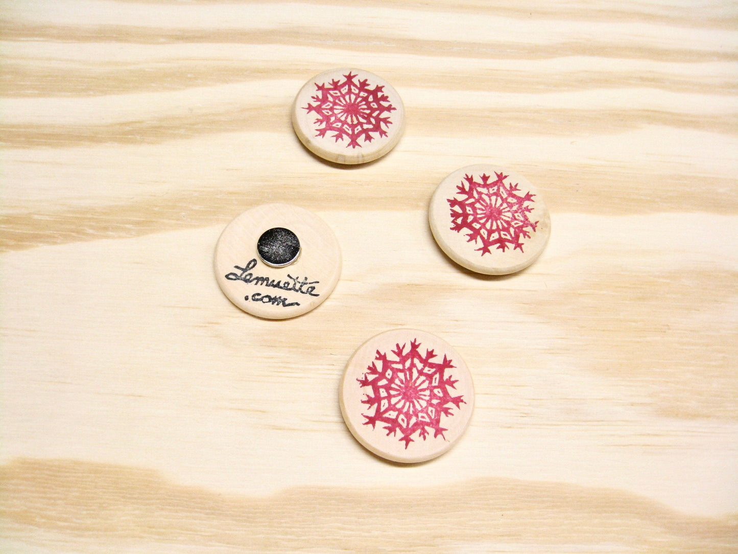 Snowflake Magnets - hand stamped wood (set of 4)