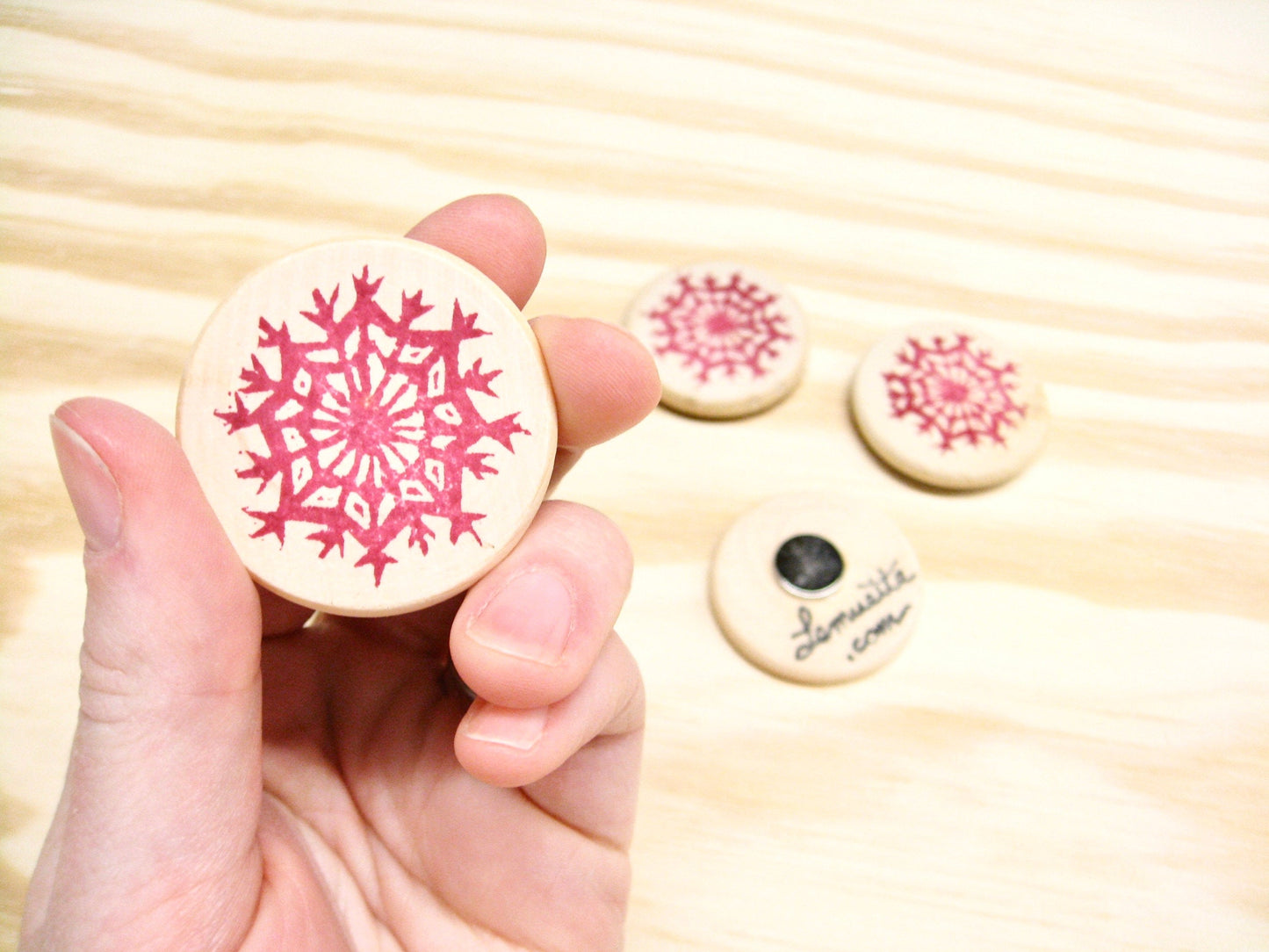 Snowflake Magnets - hand stamped wood (set of 4)