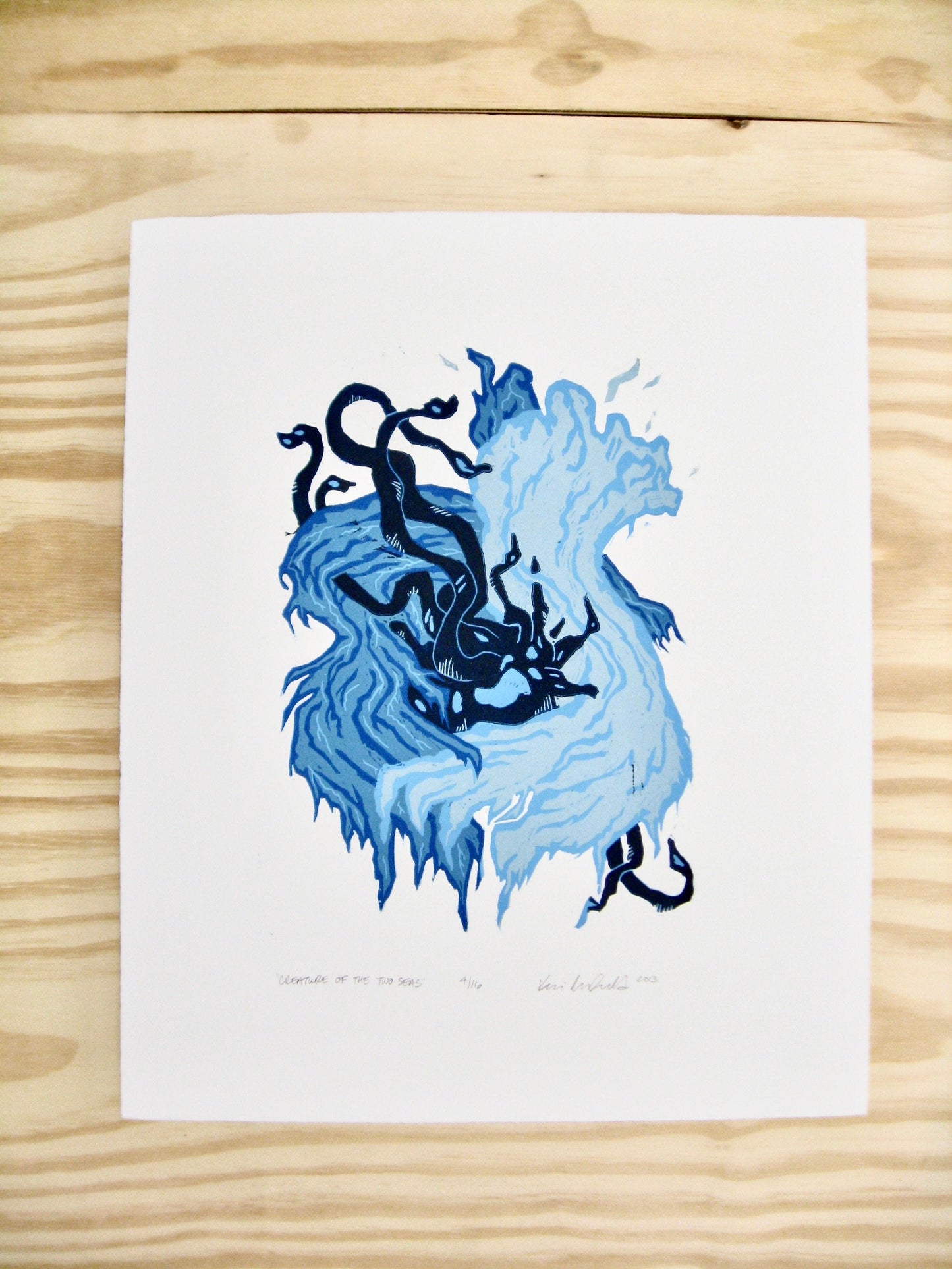 Creature of the Two Seas - woodblock print (15x18.25")