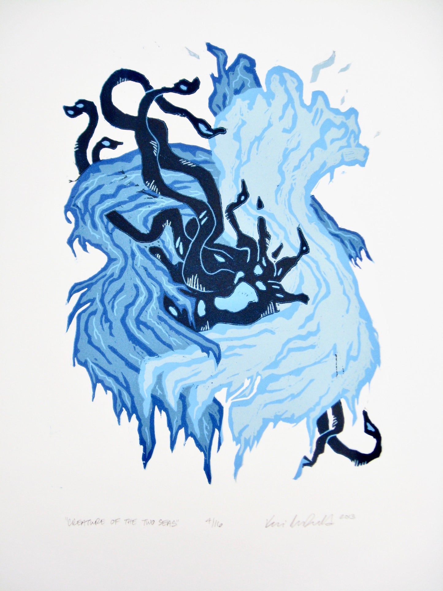 Creature of the Two Seas - woodblock print (15x18.25")