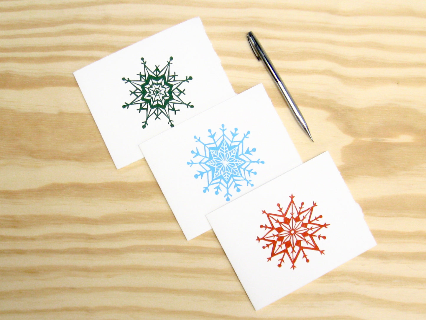 Snowflake three colors 6-pack cards - woodblock printed