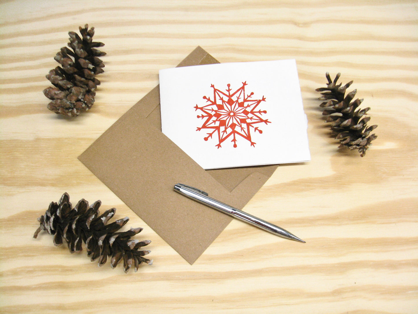 Snowflake red single card - woodblock printed