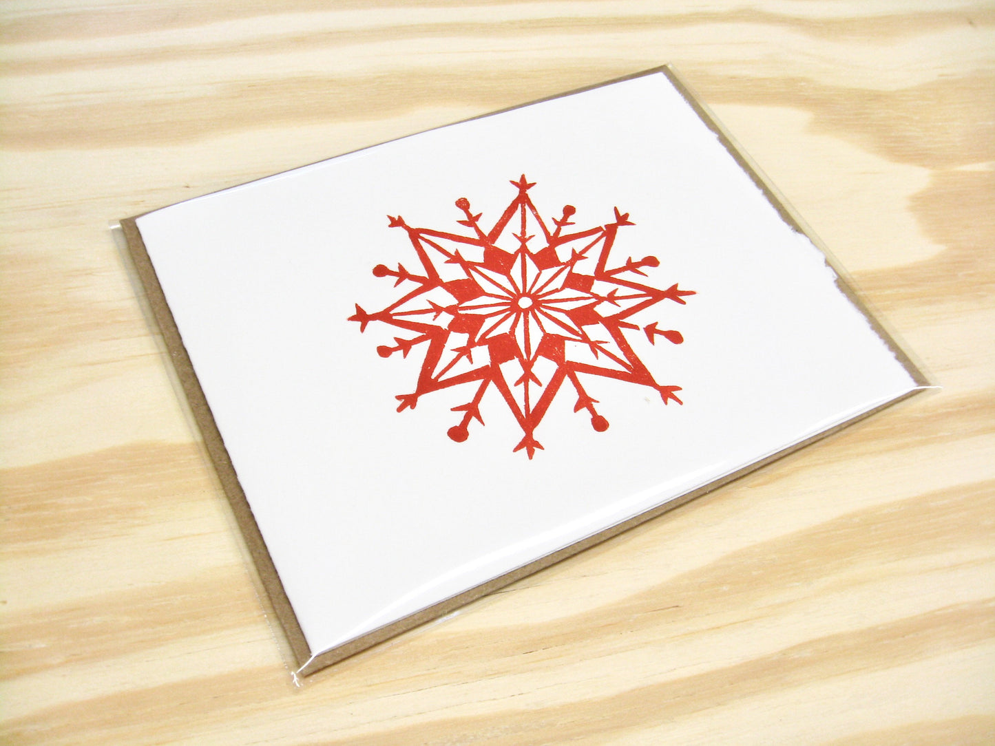 Snowflake red single card - woodblock printed