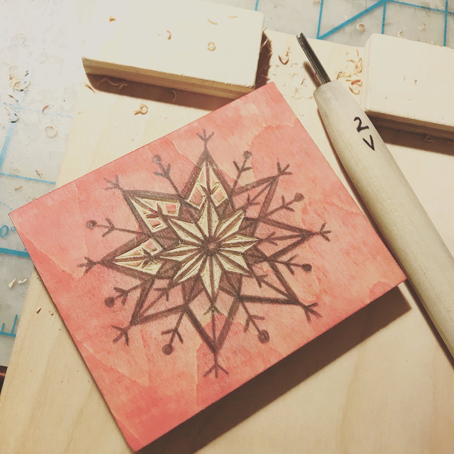 Snowflake red single card - woodblock printed