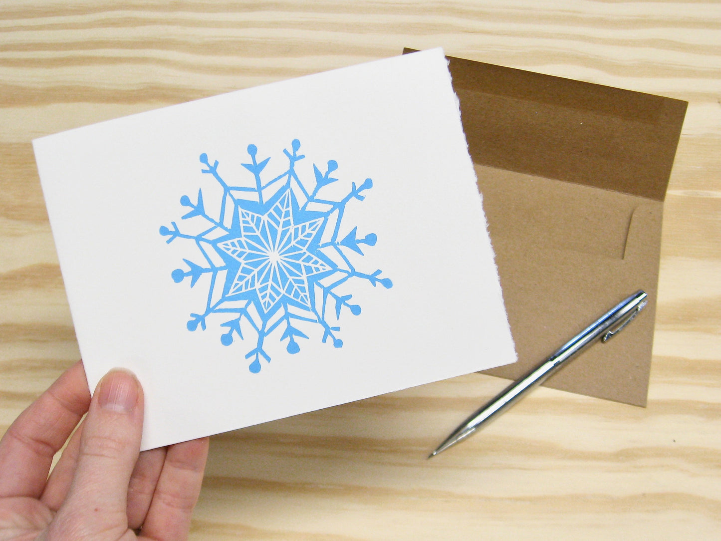 Snowflake sky blue single card - woodblock printed