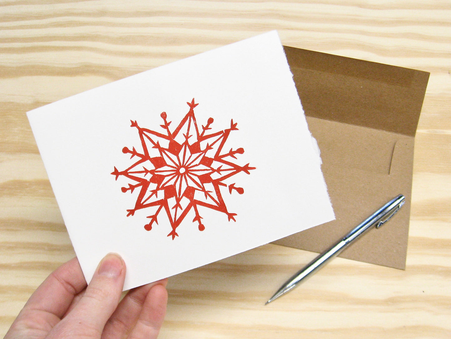 Snowflake red single card - woodblock printed