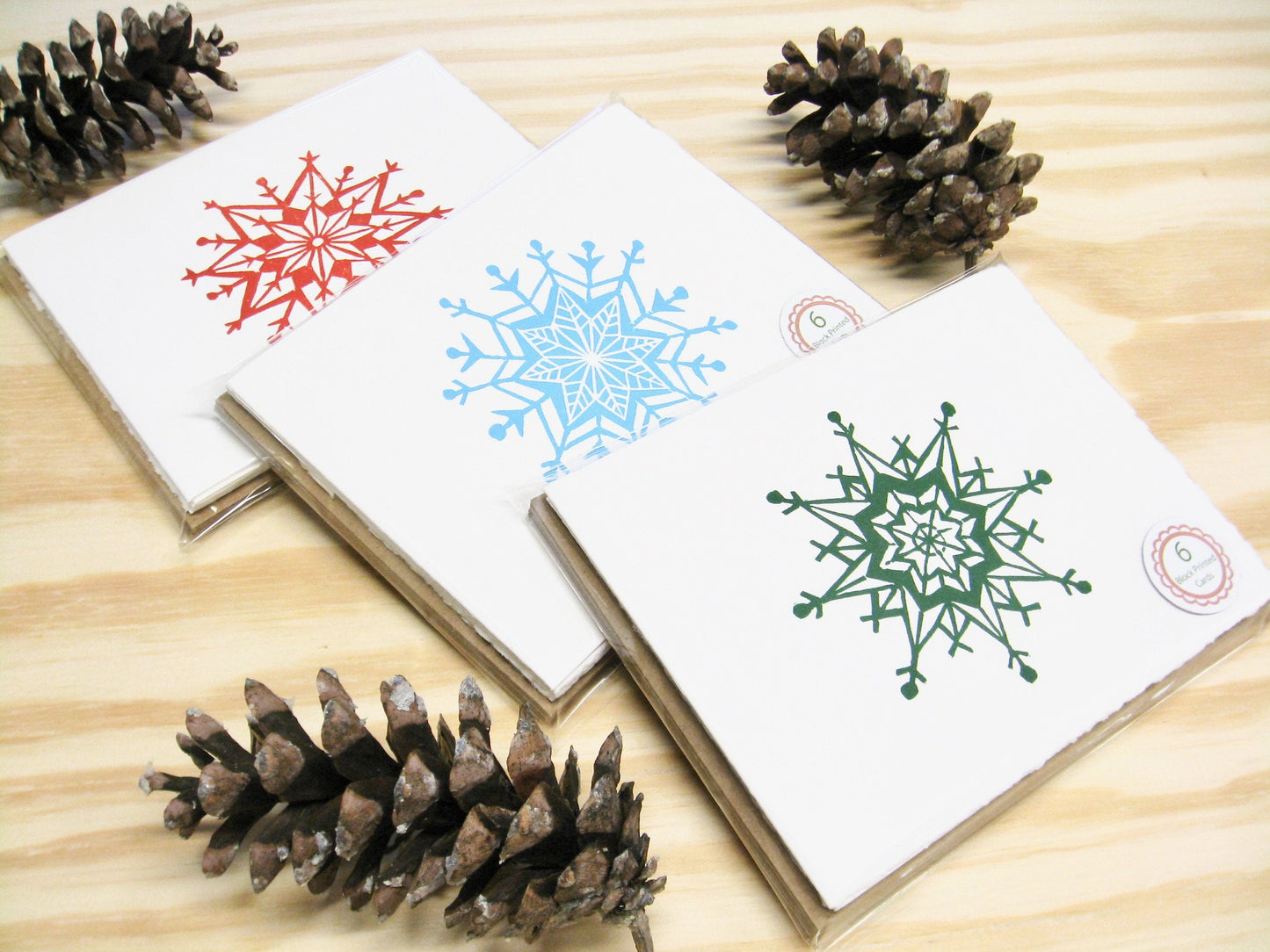 Snowflake three colors 6-pack cards - woodblock printed