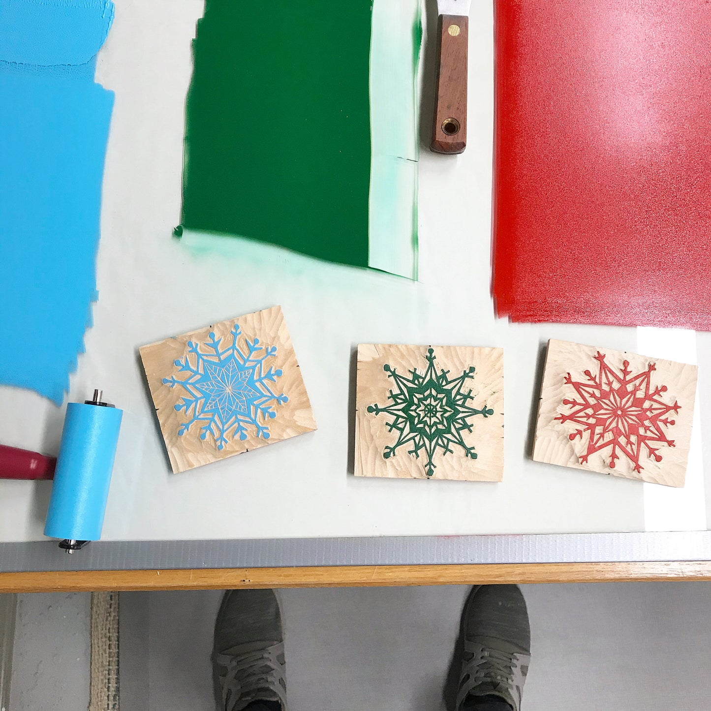 Snowflake three colors 6-pack cards - woodblock printed