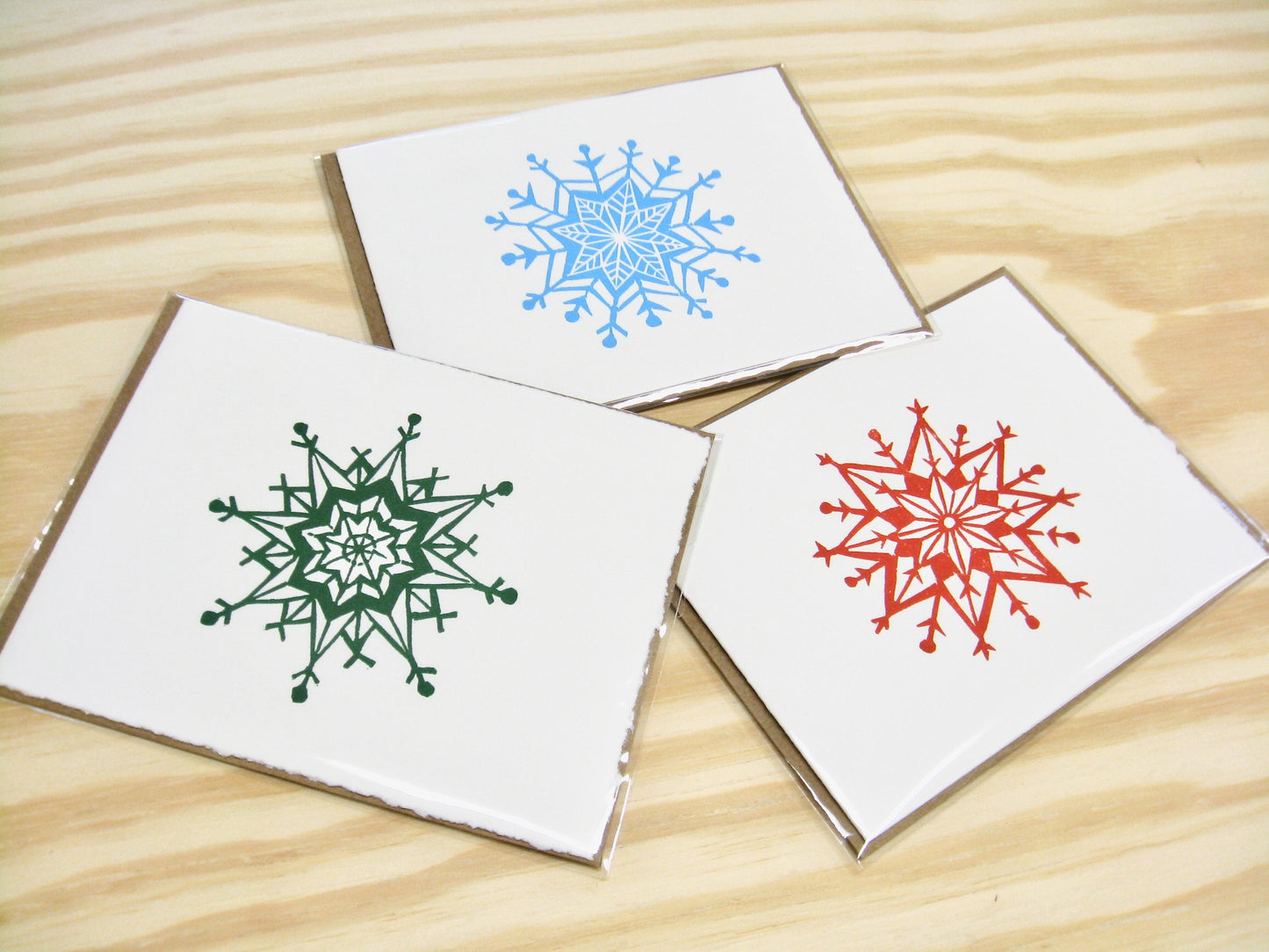 Snowflake red single card - woodblock printed