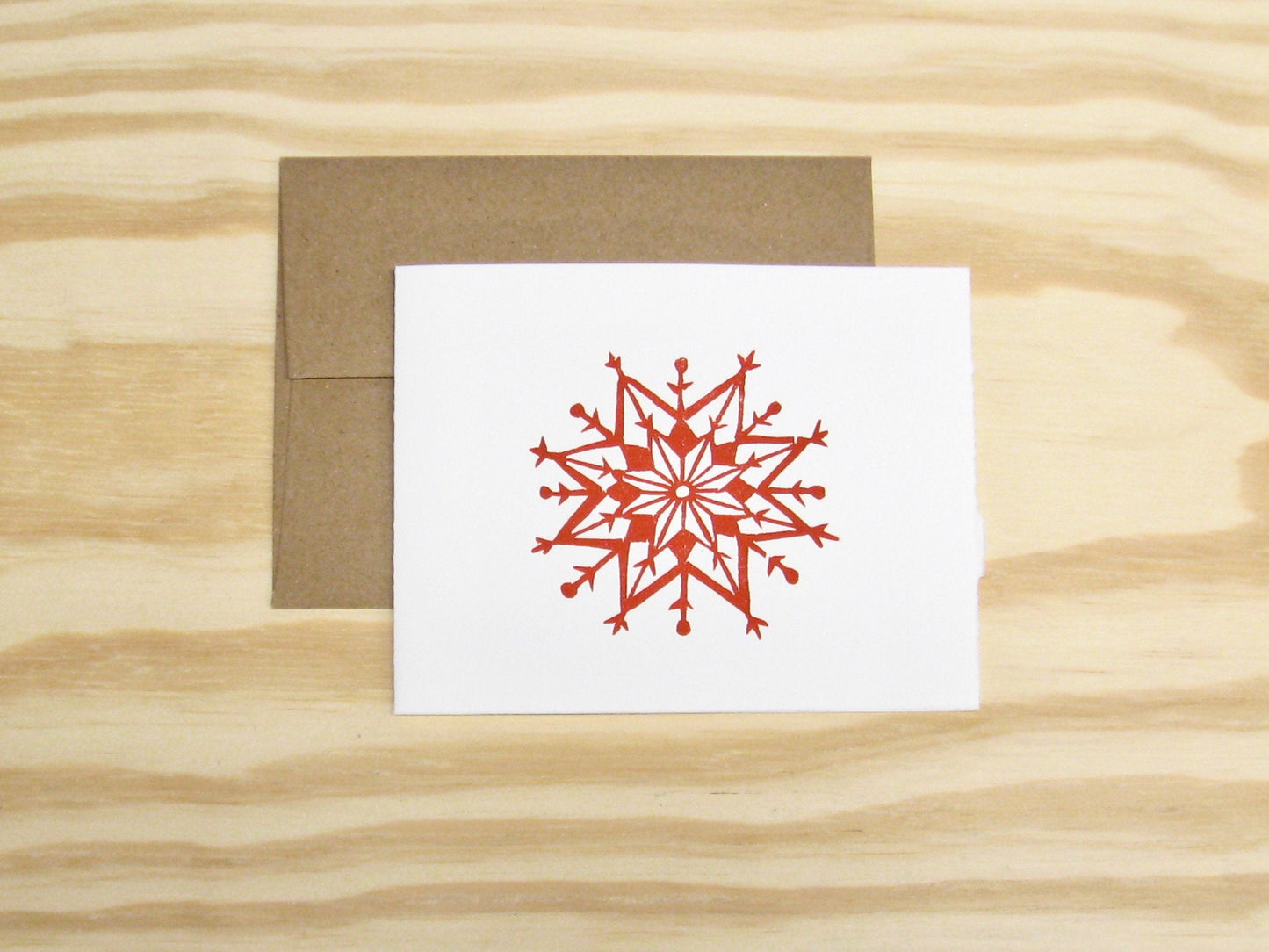 Snowflake red single card - woodblock printed