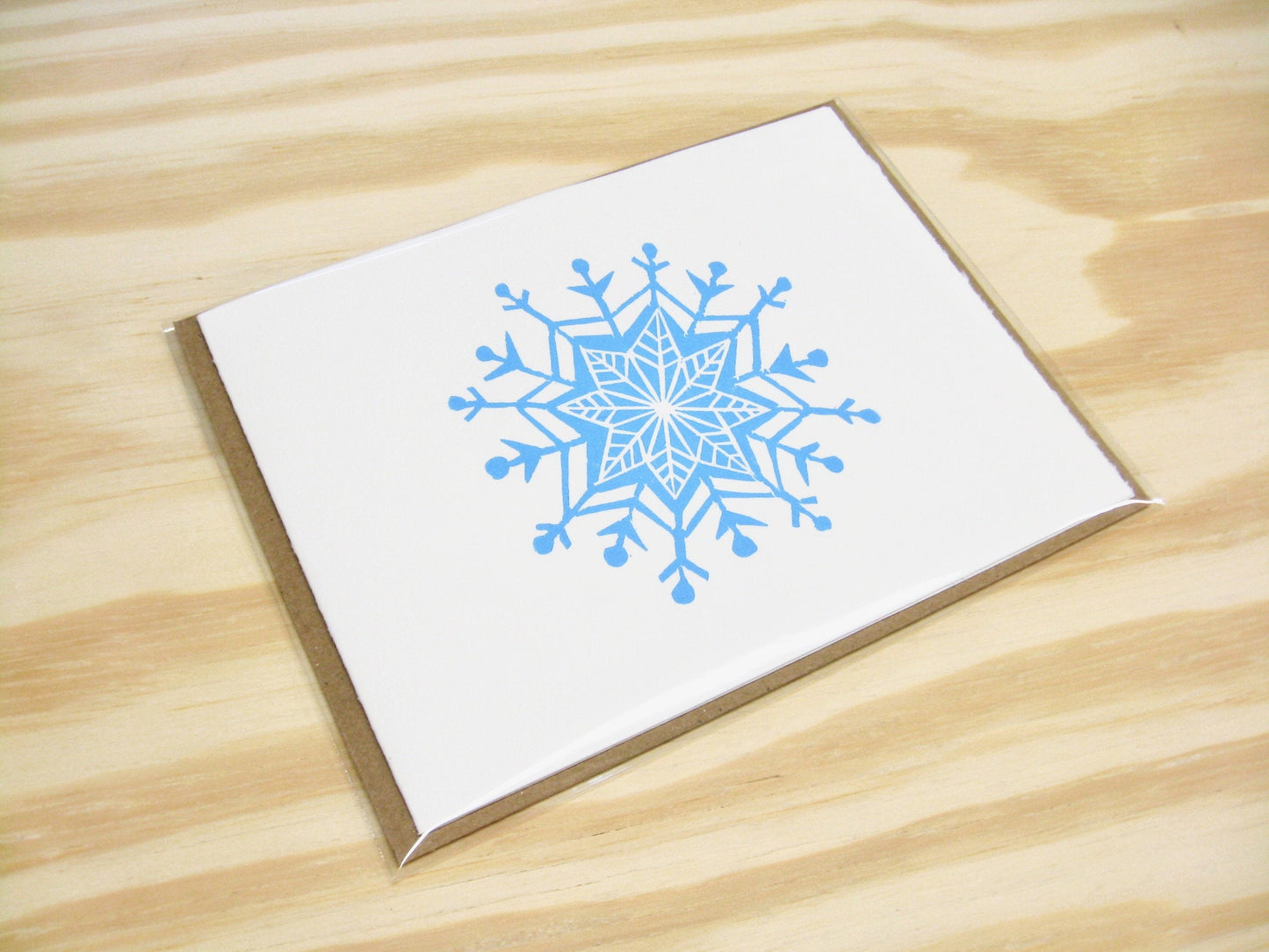 Snowflake sky blue single card - woodblock printed