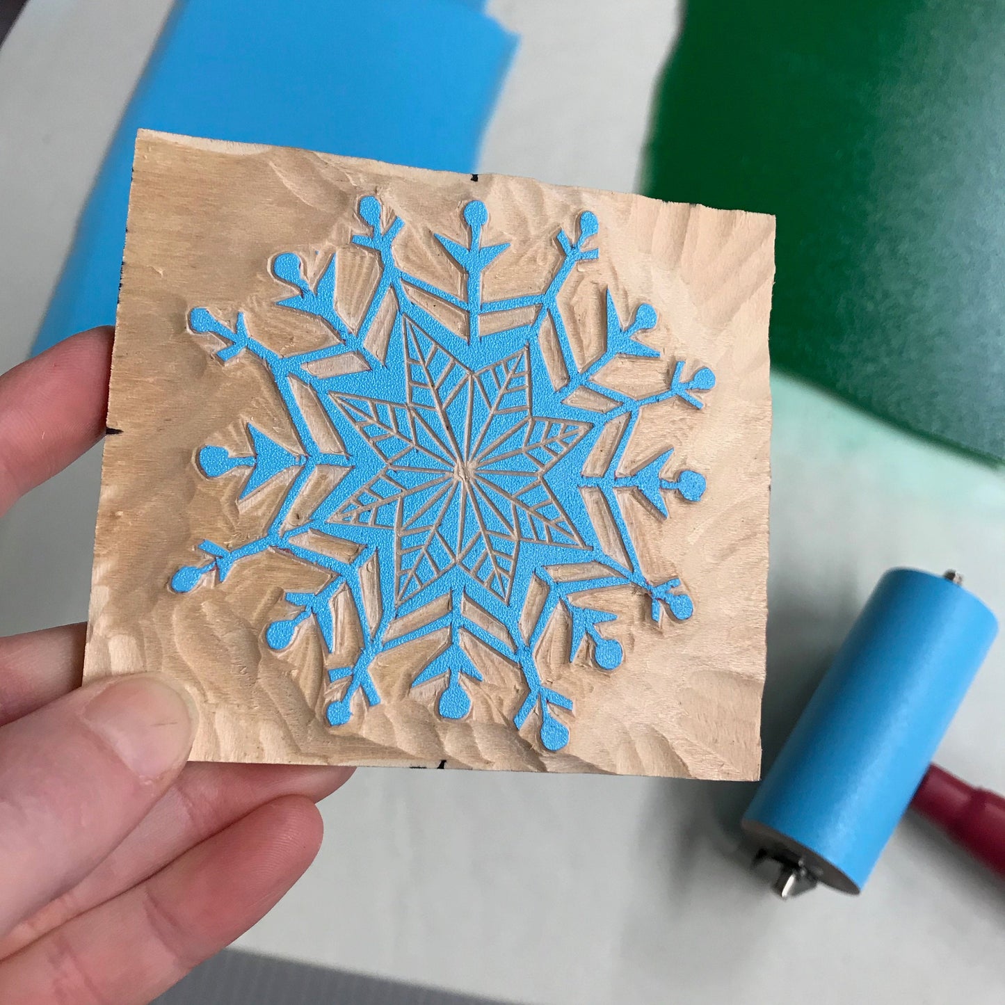 Snowflake sky blue single card - woodblock printed