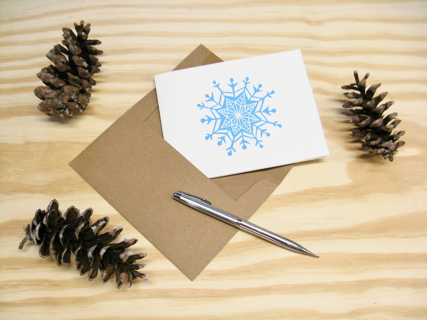 Snowflake sky blue single card - woodblock printed