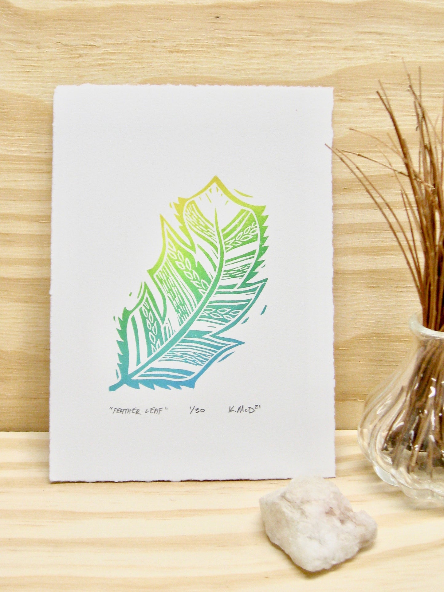 Feather Leaf - woodblock print (5x7")