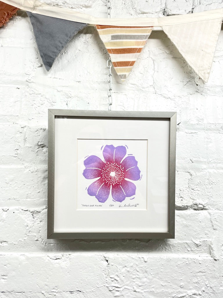 Prairie Rose Flower FRAMED - woodblock print (8x8")