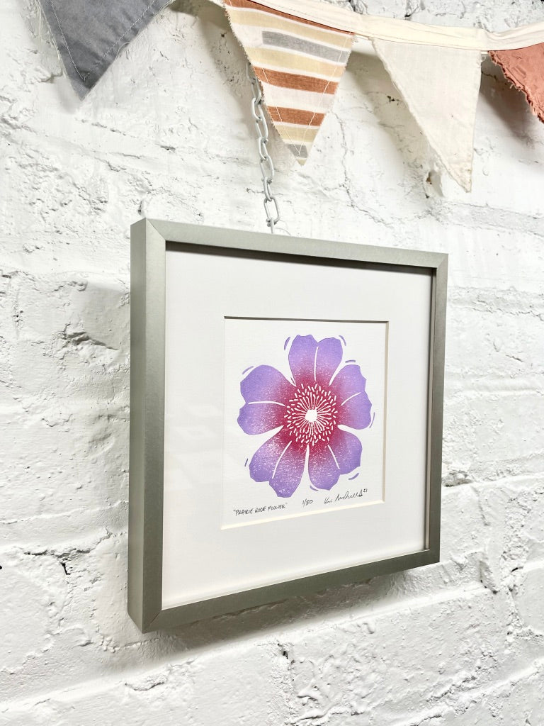 Prairie Rose Flower FRAMED - woodblock print (8x8")