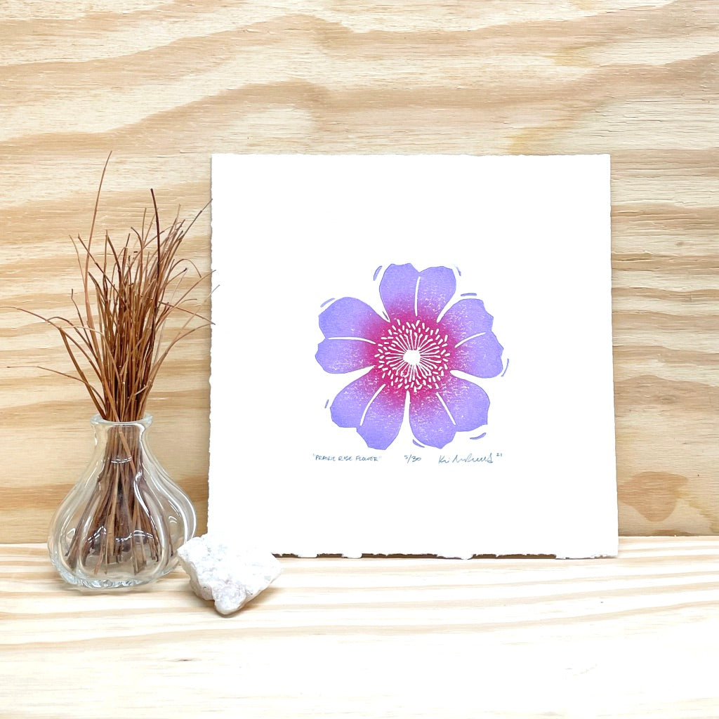 Prairie Rose Flower - woodblock print (8x8")