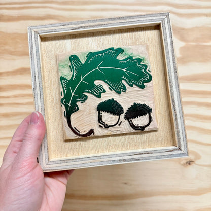 Oak & Acorn - FRAMED WOODBLOCK (6x6")