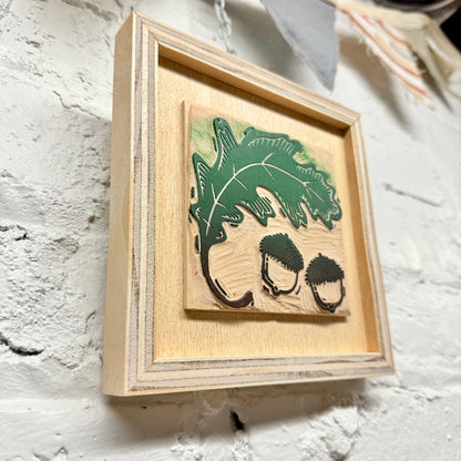 Oak & Acorn - FRAMED WOODBLOCK (6x6")