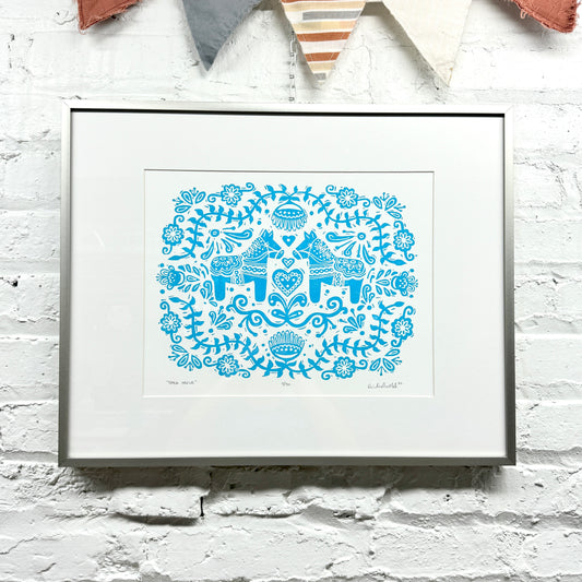 Dala Horse Blue FRAMED - woodblock print (16x20")