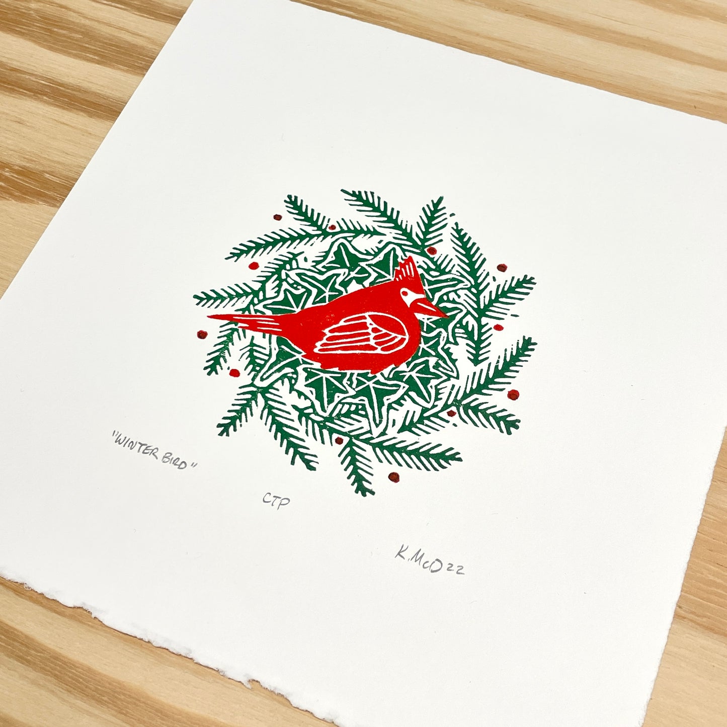 Winter Bird LAST ONE - Cardinal Solstice Wreath - Color Test Proof - woodblock print (8x8")