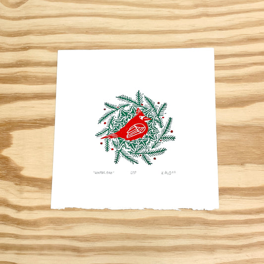 Winter Bird LAST ONE - Cardinal Solstice Wreath - Color Test Proof - woodblock print (8x8")