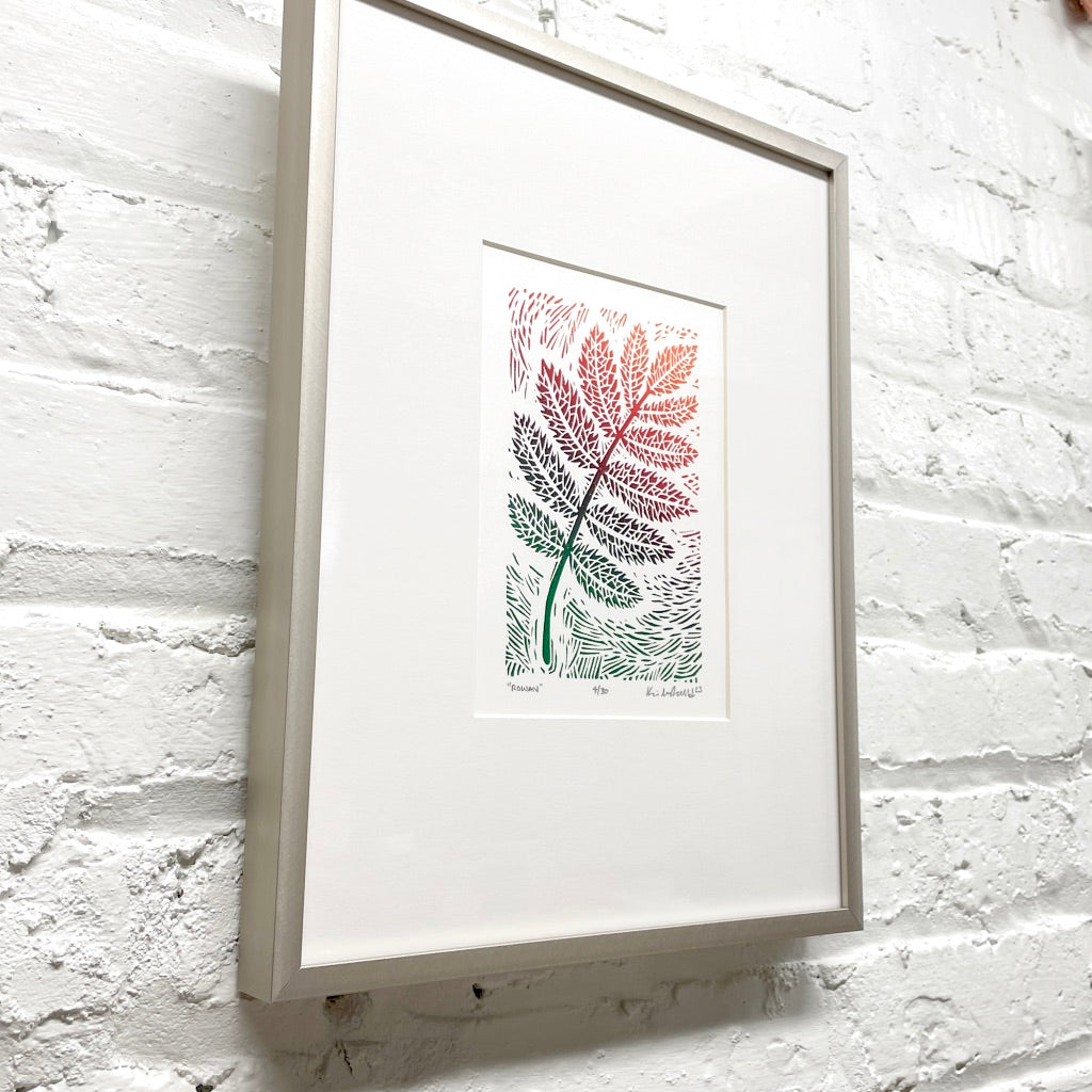 Rowan leaf FRAMED - woodblock print (11x14”)