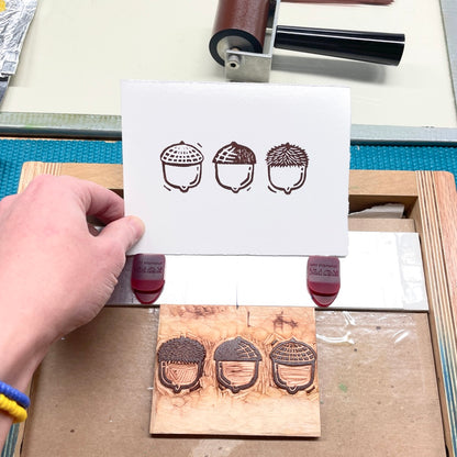 Three Acorns single card - woodblock printed