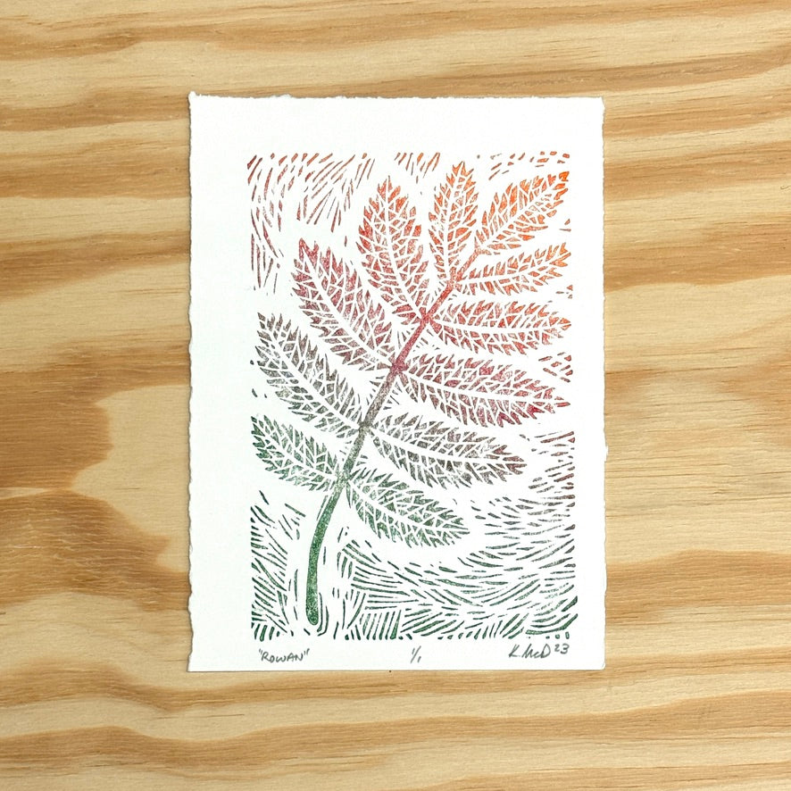 Rowan Leaf GHOST PRINT - woodblock print (5x7")