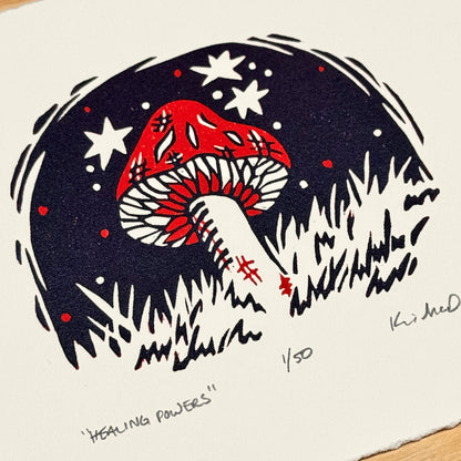 Healing Powers Mushroom - woodblock print (5x7")