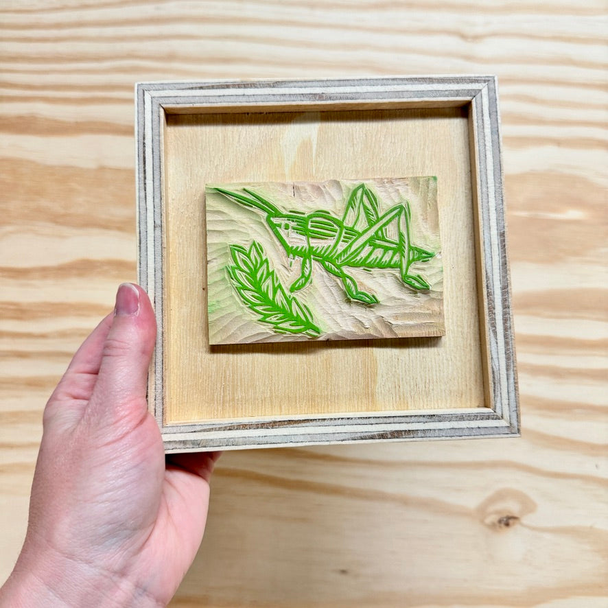 Grass Hopper - FRAMED WOODBLOCK (6x6")